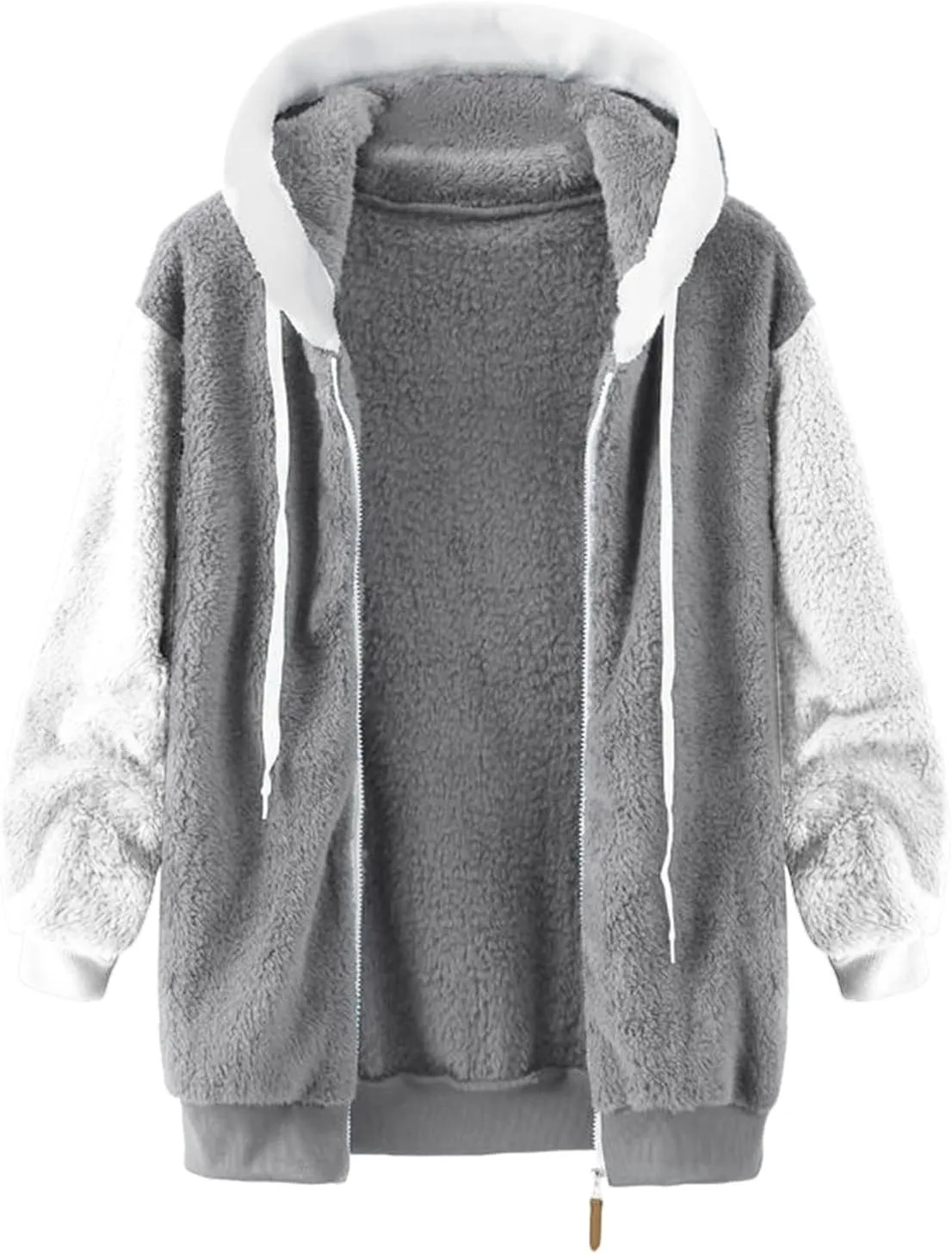 Winter Coat For Women Fuzzy Fleece Jacket Hooded Color Block Thermal Coat Oversized Fluffy Sherpa Outerwear Sweater