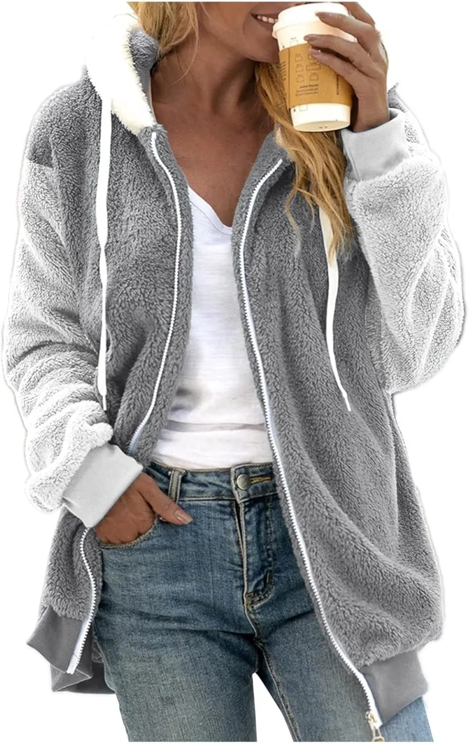 Winter Coat For Women Fuzzy Fleece Jacket Hooded Color Block Thermal Coat Oversized Fluffy Sherpa Outerwear Sweater
