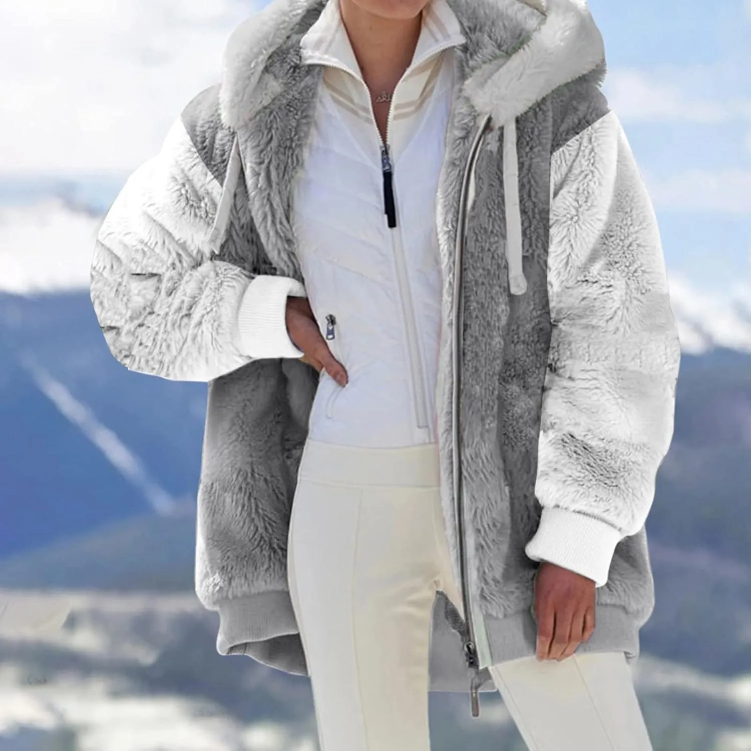 Winter Coat For Women Fuzzy Fleece Jacket Hooded Color Block Thermal Coat Oversized Fluffy Sherpa Outerwear Sweater