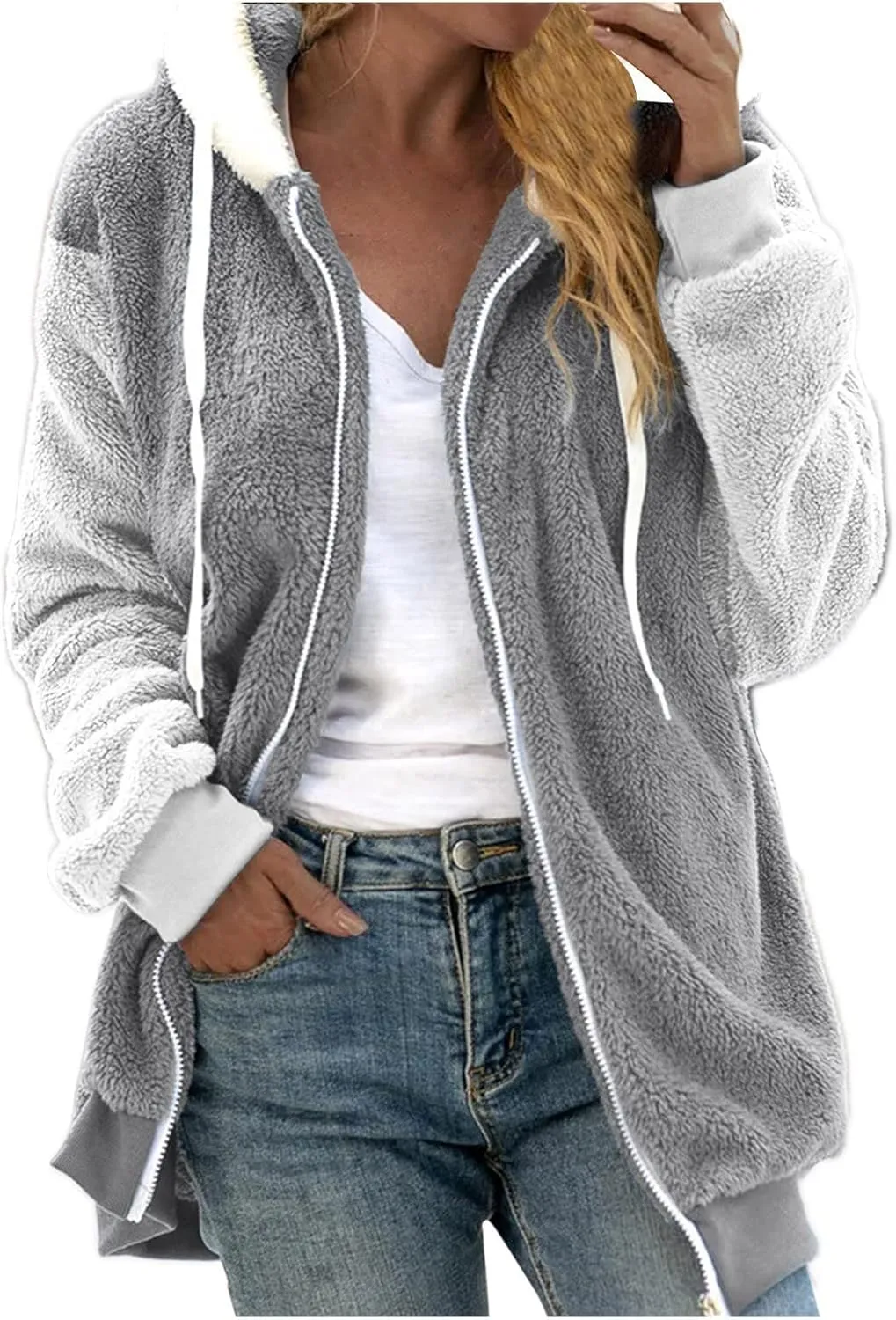 Winter Coat For Women Fuzzy Fleece Jacket Hooded Color Block Thermal Coat Oversized Fluffy Sherpa Outerwear Sweater