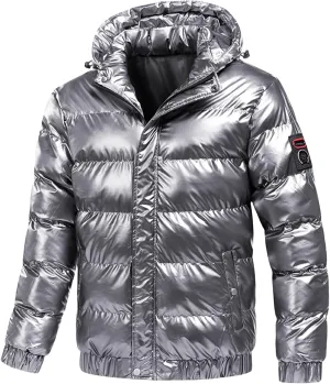 Winter Puffer Jackets for Men Shiny Hooded Reflective Padded Coat Bomber Alternative Down Jacket Fashion Wear Plus Size