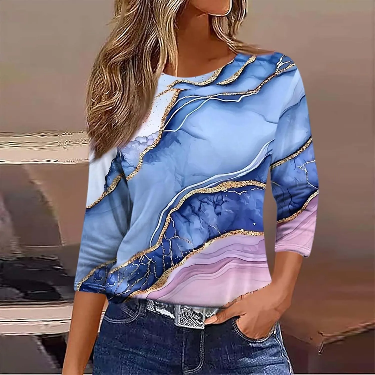 Women 3/4 Sleeve Length Summer Tops Dressy Casual Boho Blouses Trendy Floral T Shirts Tunic Beach Vacation Ladies Clothes