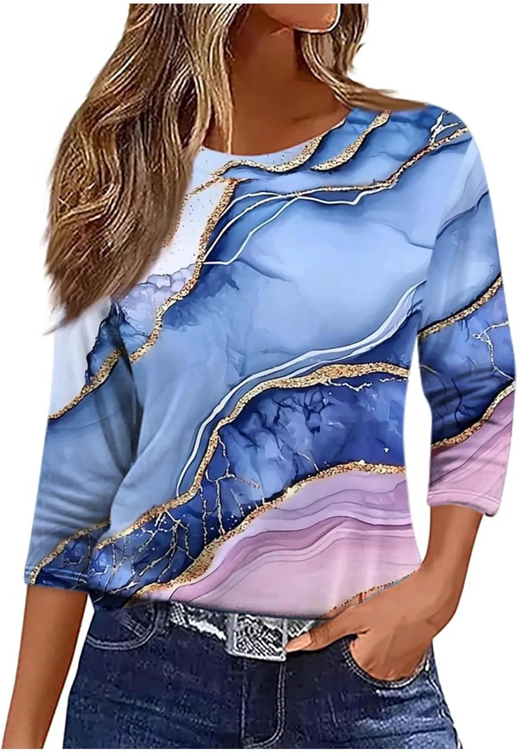 Women 3/4 Sleeve Length Summer Tops Dressy Casual Boho Blouses Trendy Floral T Shirts Tunic Beach Vacation Ladies Clothes