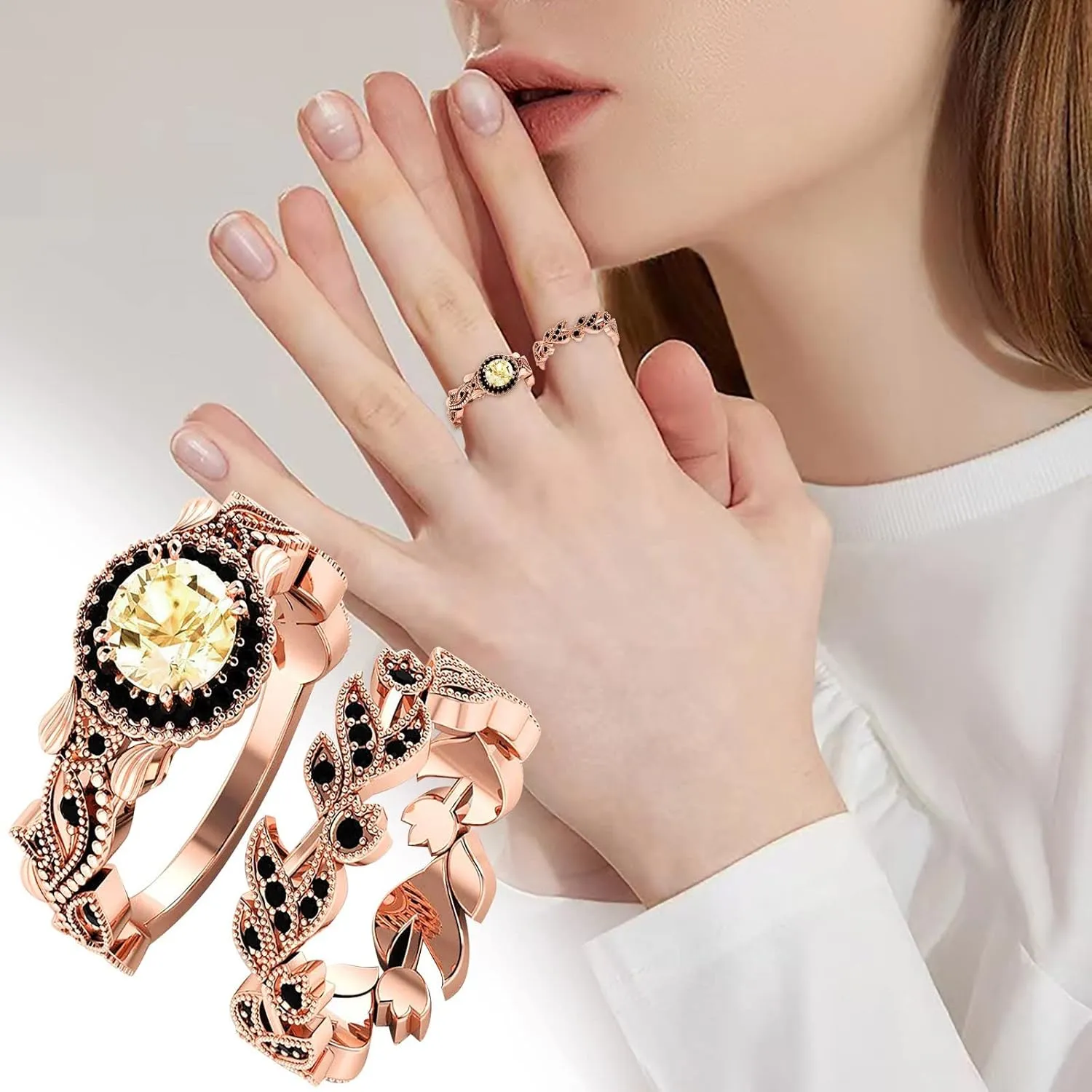 Women Anniversary Rings CZ Simulated Diamond Exquisite Ring Vintage Flowers Elegant Rings (Rose Gold, 7)