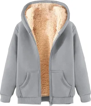 Women Fleece Lined Hoodies Zip Up Sherpa Thick Cardigan Jackets Warm Fluffy Cozy Hooded Jackets Winter Coat with Pocket