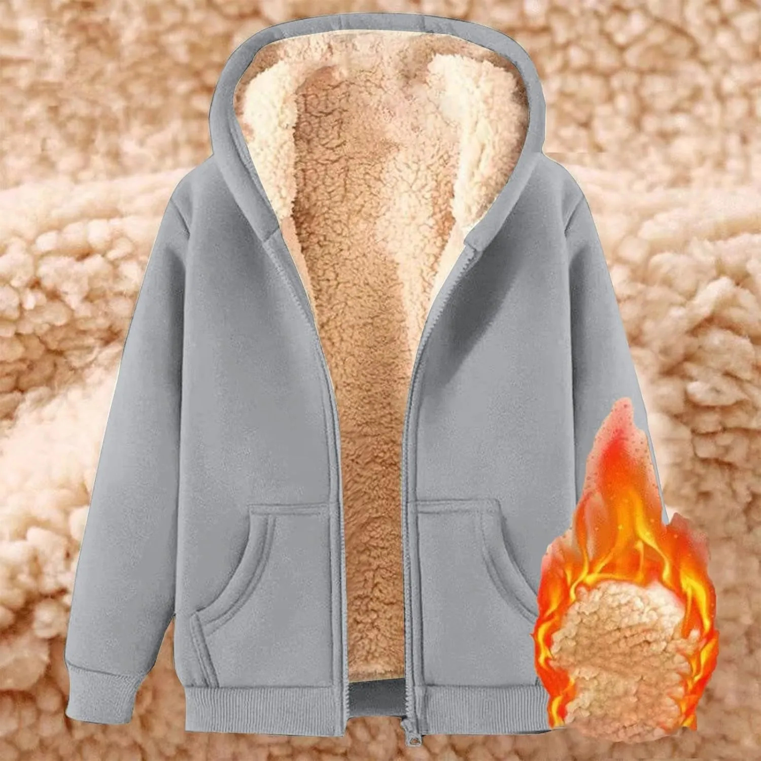 Women Fleece Lined Hoodies Zip Up Sherpa Thick Cardigan Jackets Warm Fluffy Cozy Hooded Jackets Winter Coat with Pocket