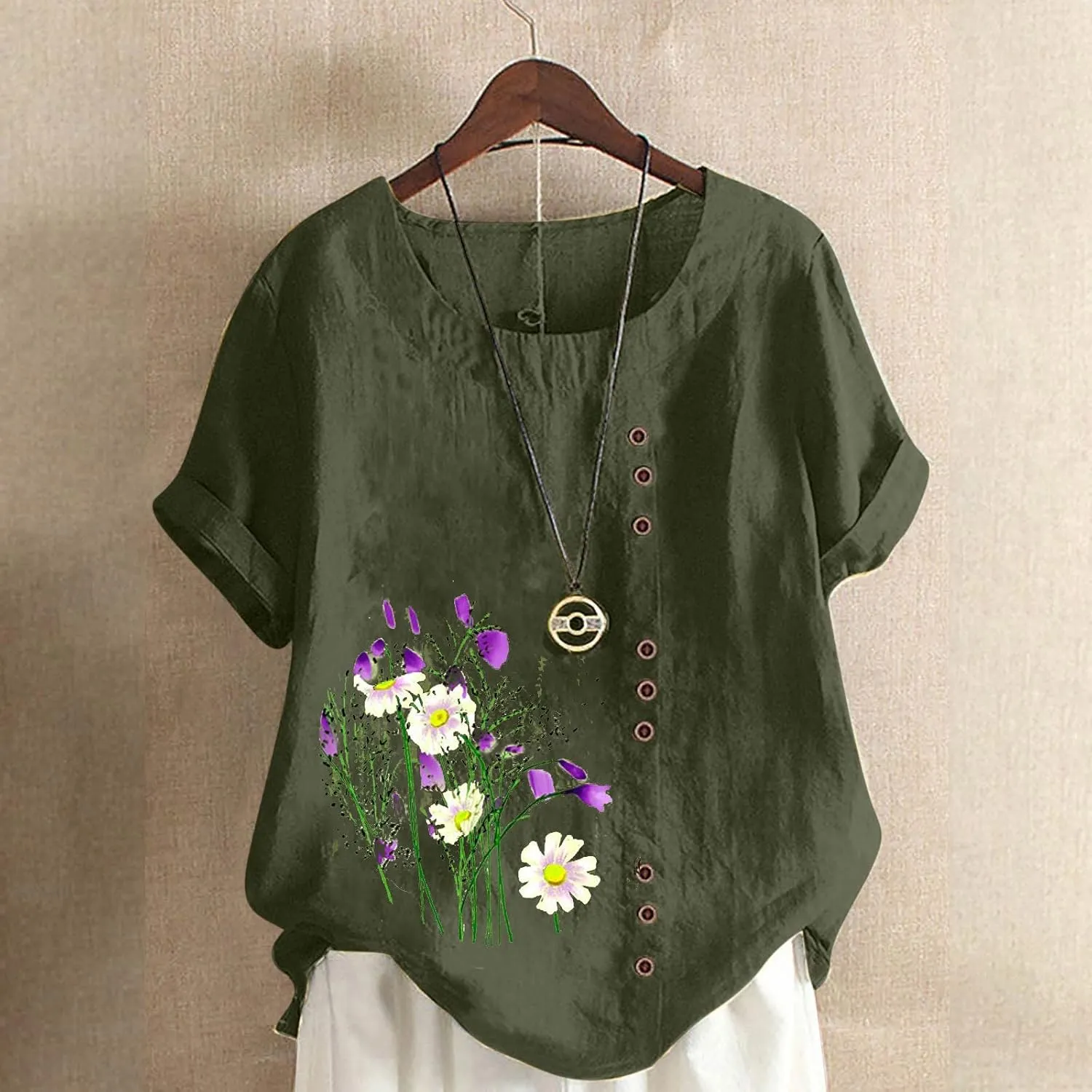 Women Floral Print Linen Shirts Short Sleeve Gauze Tops Loose Fit Cotton Blouses Trendy 2024 Clothing