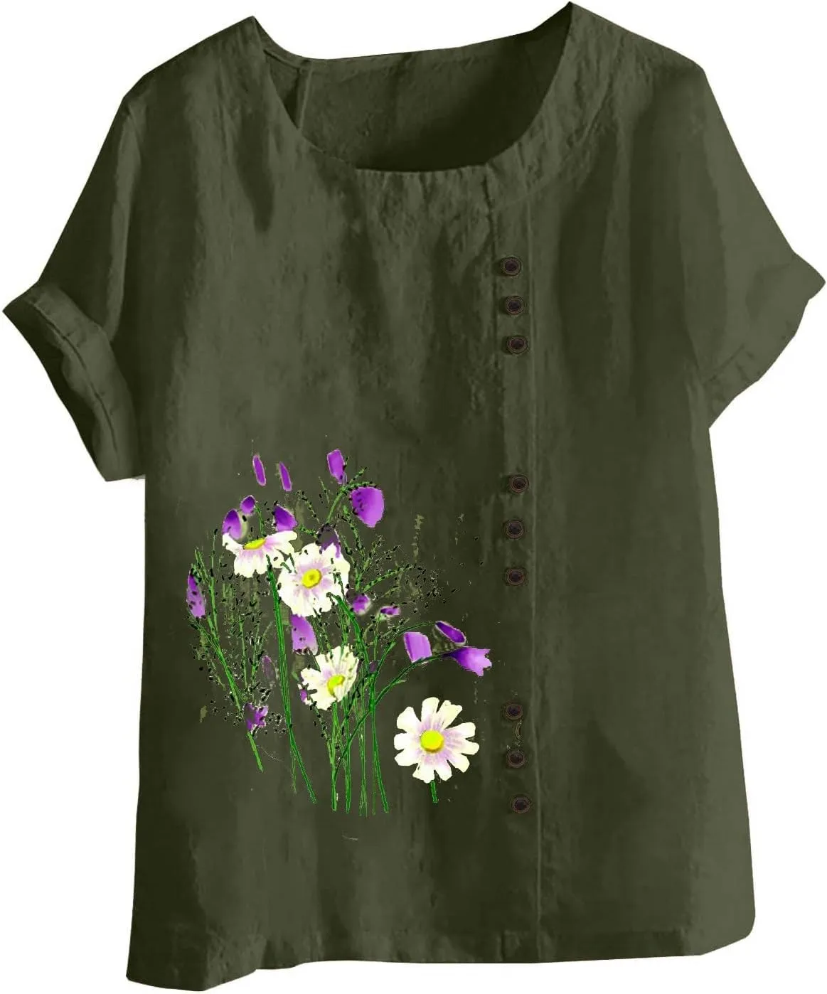 Women Floral Print Linen Shirts Short Sleeve Gauze Tops Loose Fit Cotton Blouses Trendy 2024 Clothing