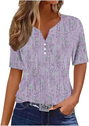 Women Floral Print Summer Blouses Short Sleeve Henley Shirts Tops V Neck Causal Tunic Trendy Boho Clothes 2024