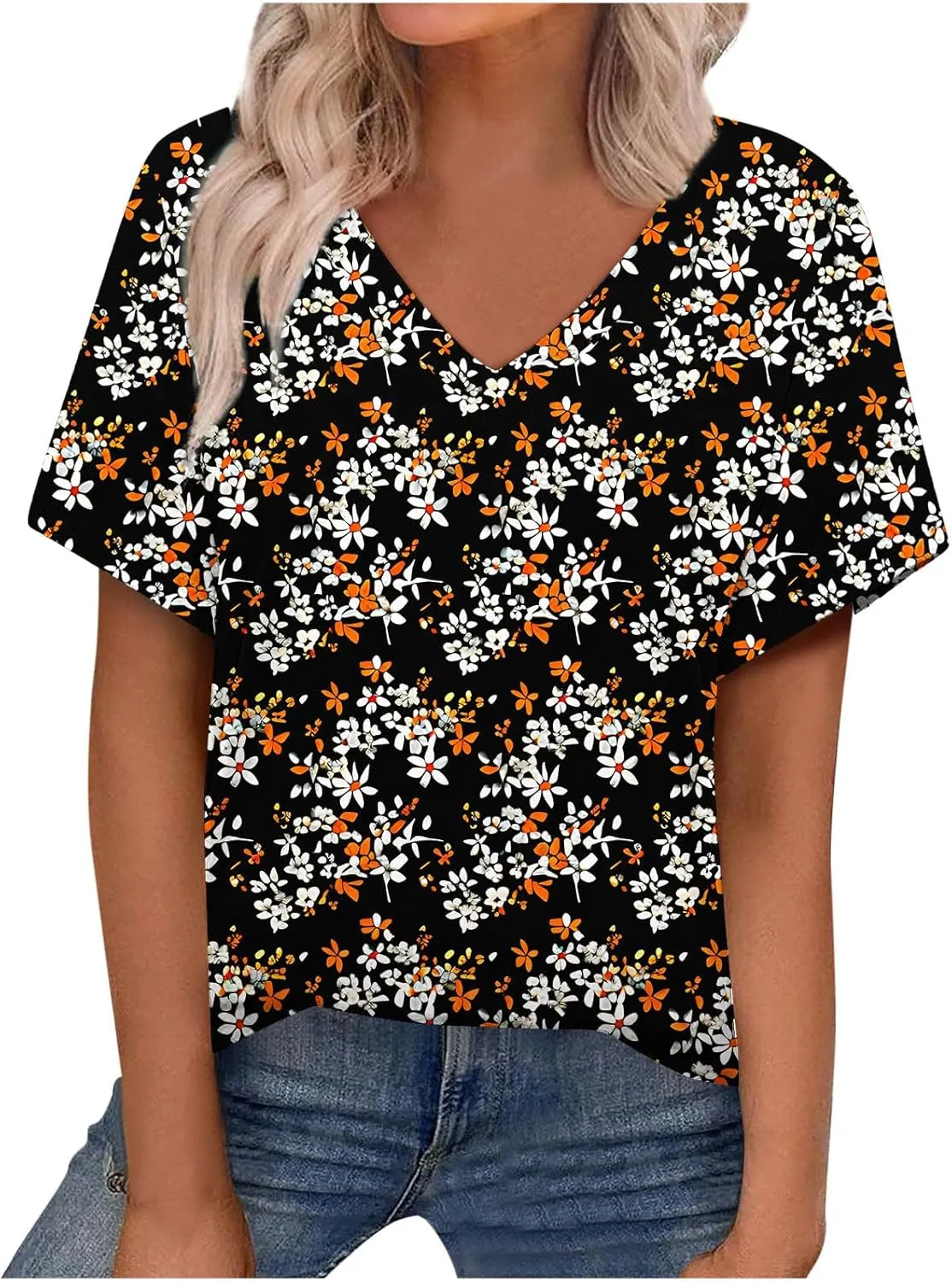 Women Floral Summer Tee Tops Dressy Casual Blouse Short Sleeve V Neck Loose Fit T Shirts Trendy Boho Clothes 2025