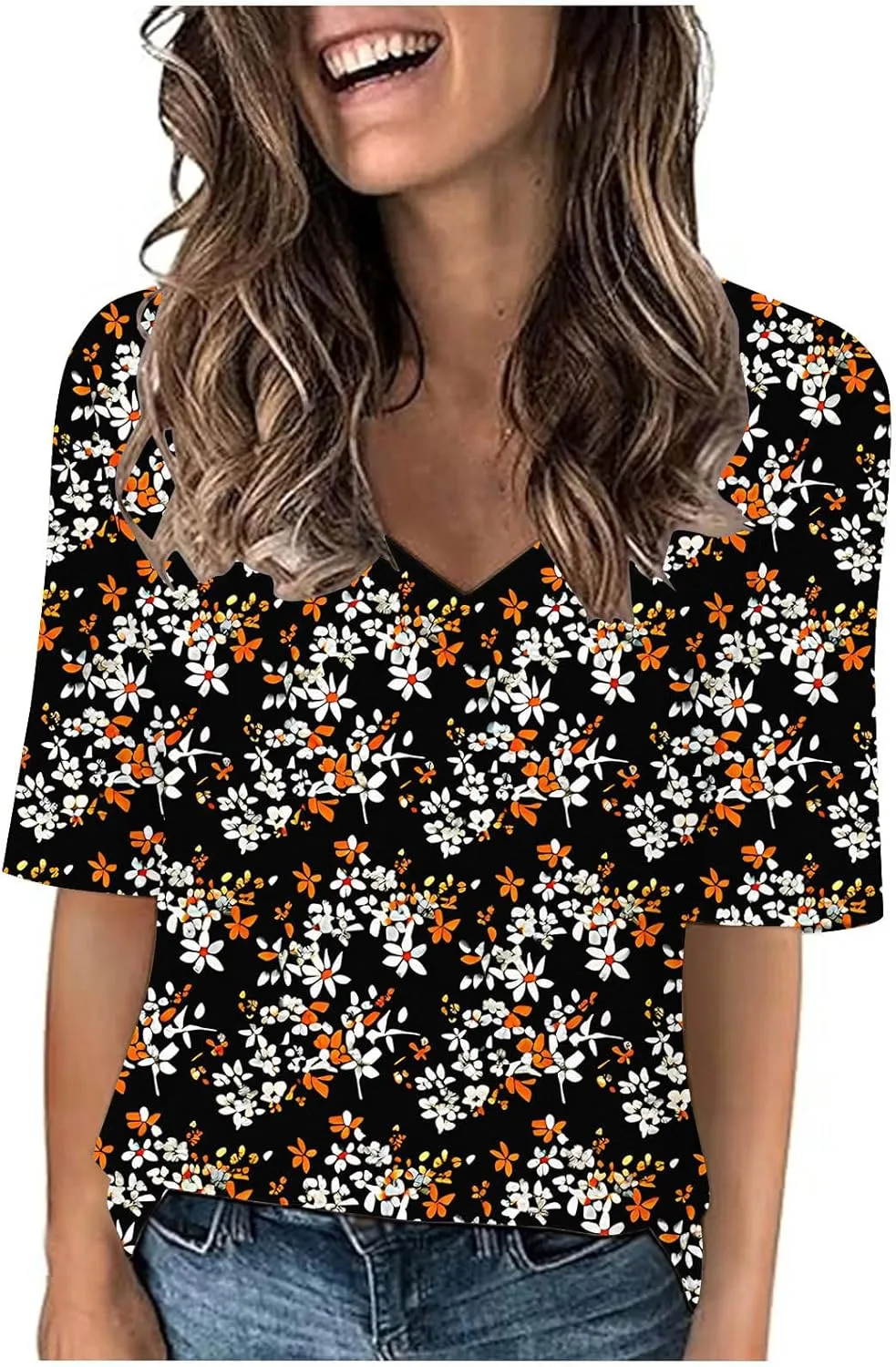 Women Floral Summer Tee Tops Dressy Casual Blouse Short Sleeve V Neck Loose Fit T Shirts Trendy Boho Clothes 2025