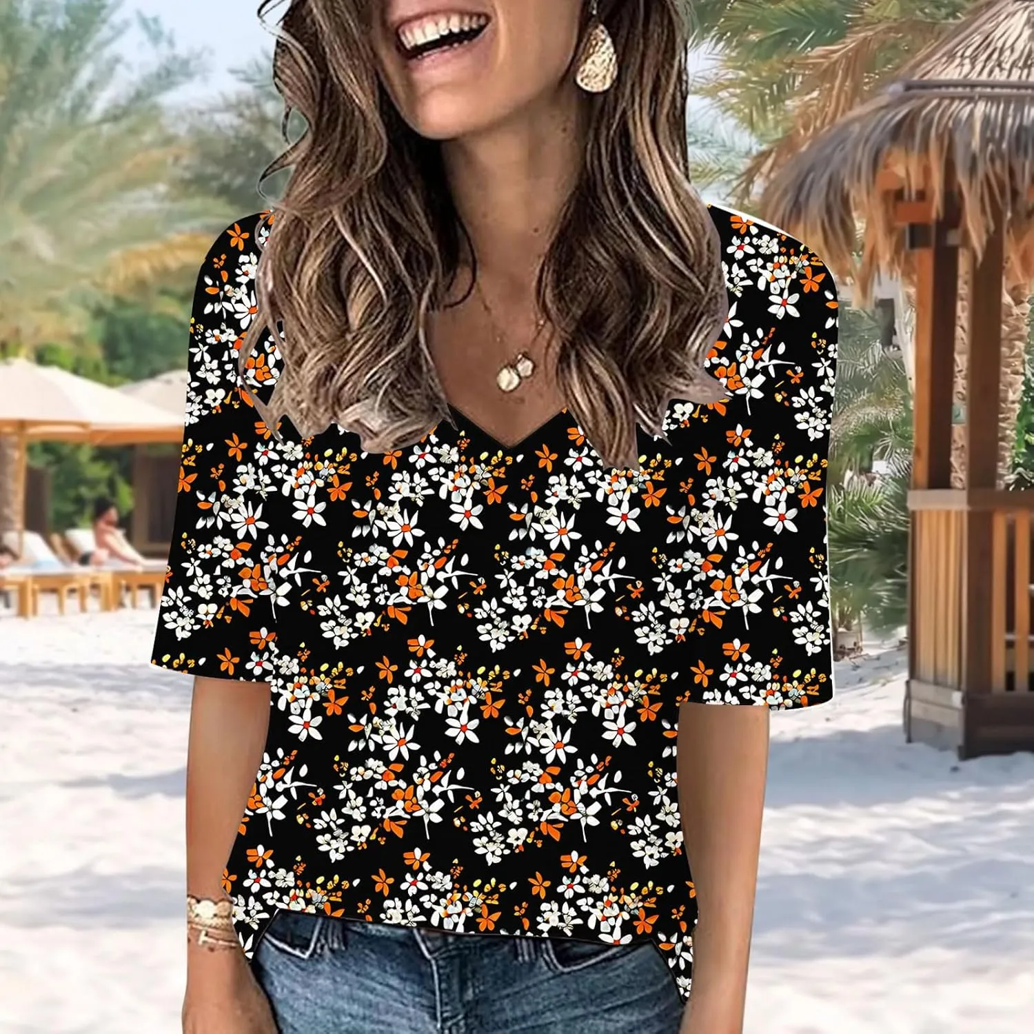Women Floral Summer Tee Tops Dressy Casual Blouse Short Sleeve V Neck Loose Fit T Shirts Trendy Boho Clothes 2025