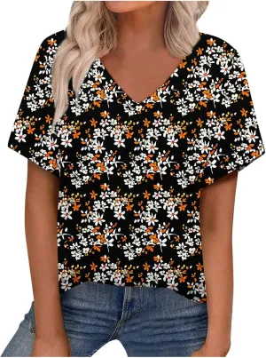 Women Floral Summer Tee Tops Dressy Casual Blouse Short Sleeve V Neck Loose Fit T Shirts Trendy Boho Clothes 2025