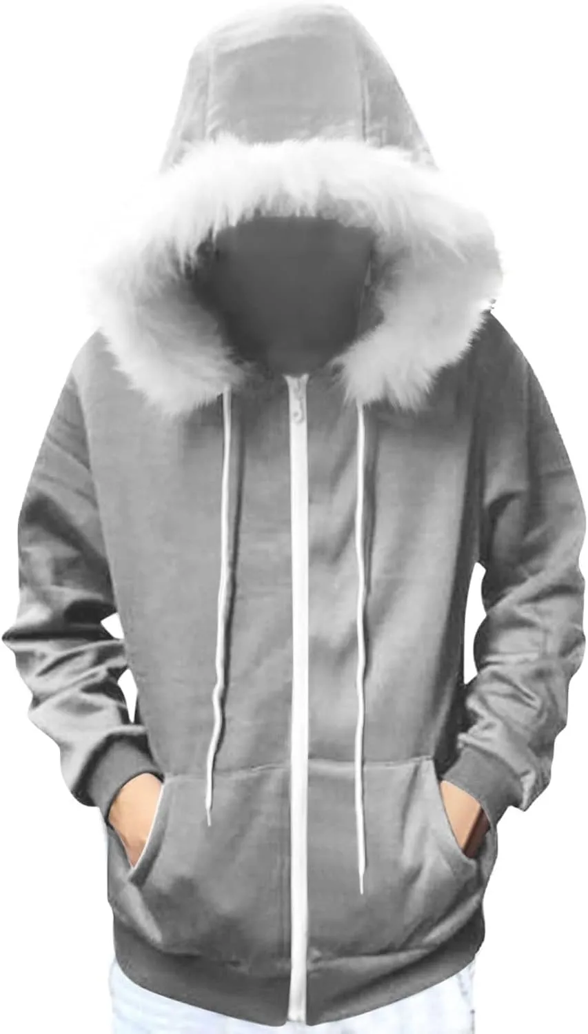 Women Furry Splicing Hoodies Fashion Hooded Sweatshirts with Pockets Zip Up Fleece Sweater Fall Winter Coats