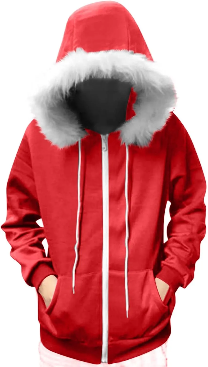 Women Furry Splicing Hoodies Fashion Hooded Sweatshirts with Pockets Zip Up Fleece Sweater Fall Winter Coats
