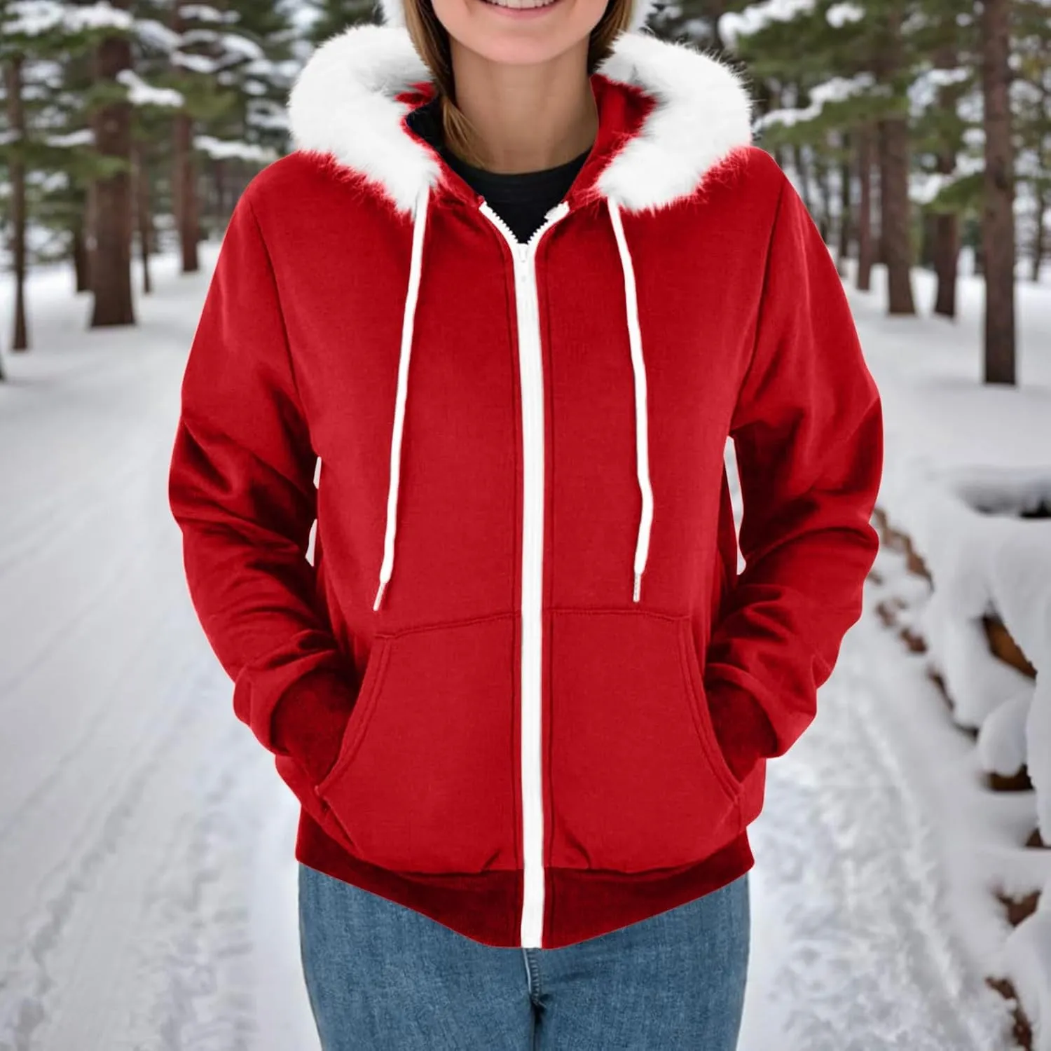Women Furry Splicing Hoodies Fashion Hooded Sweatshirts with Pockets Zip Up Fleece Sweater Fall Winter Coats