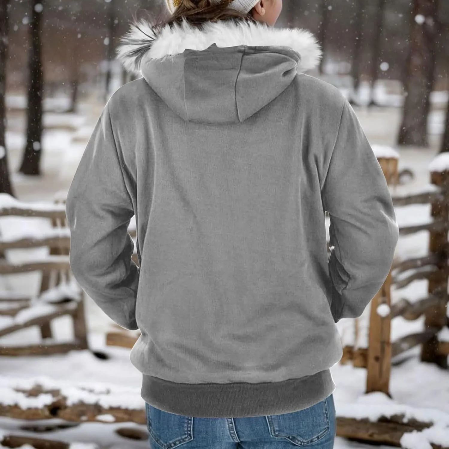 Women Furry Splicing Hoodies Fashion Hooded Sweatshirts with Pockets Zip Up Fleece Sweater Fall Winter Coats