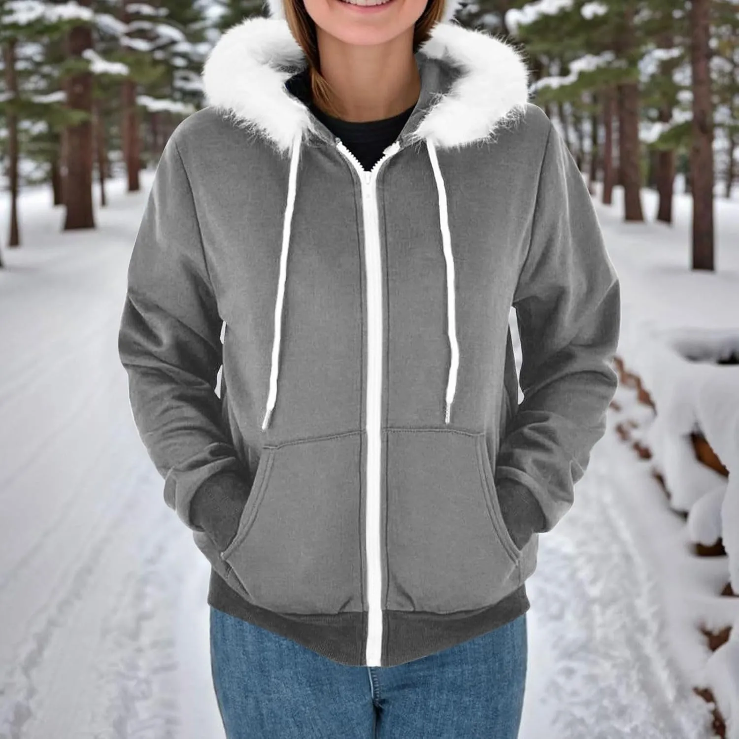 Women Furry Splicing Hoodies Fashion Hooded Sweatshirts with Pockets Zip Up Fleece Sweater Fall Winter Coats