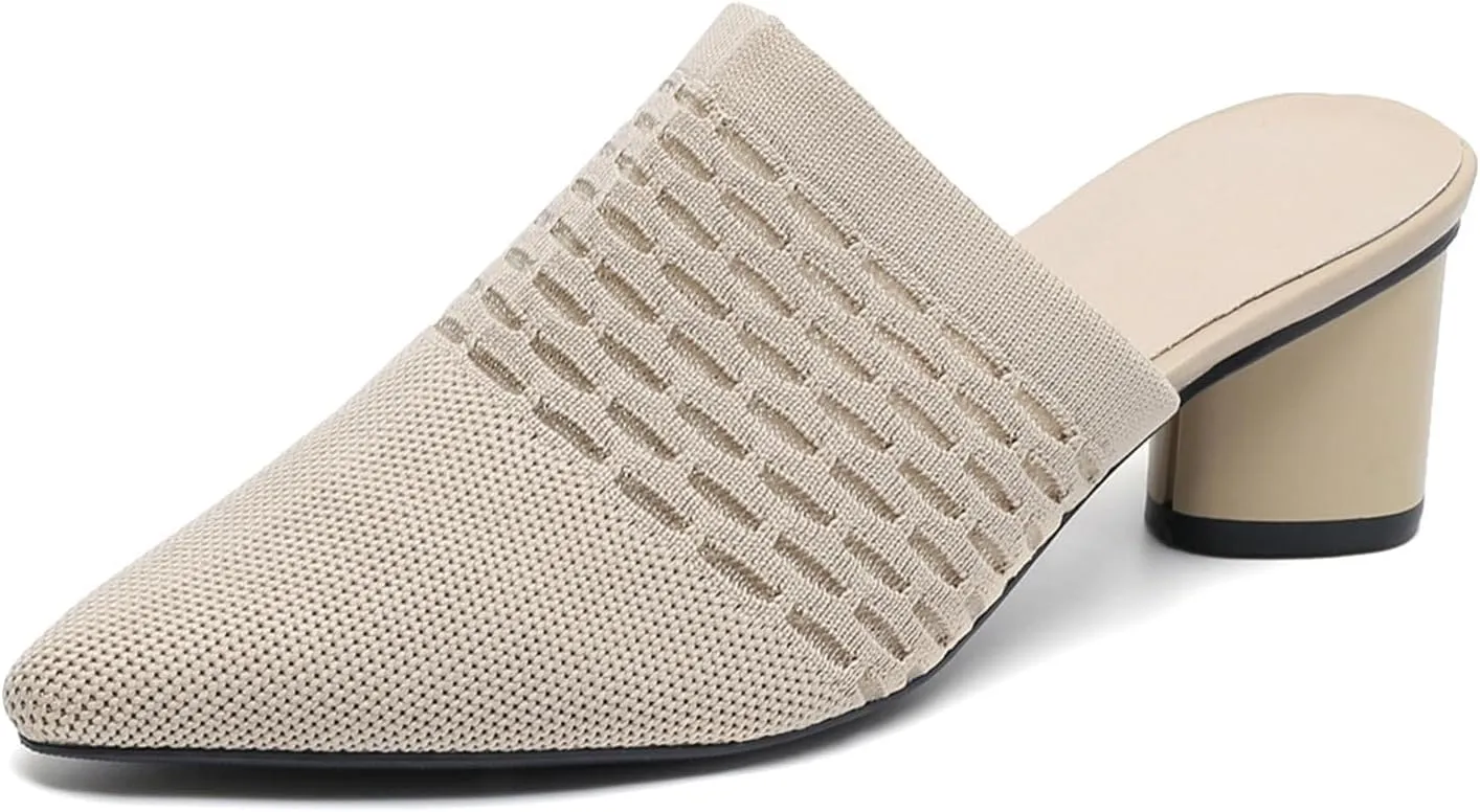 Women Knit Closed Pointed Toe Chunky Heel Mules Mesh Breathable Low Block Heel Pump Sandals Comfortable Slip On Dress Party Slides