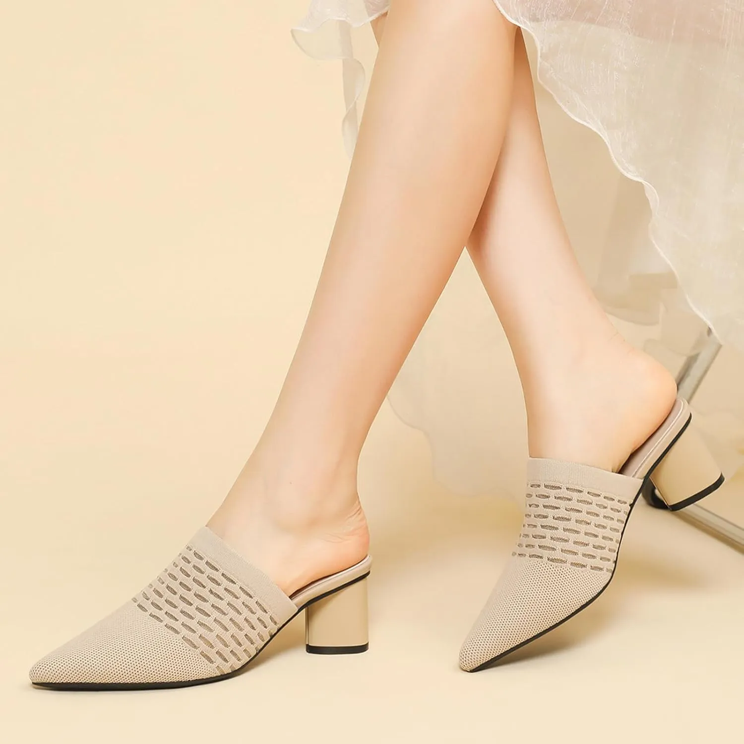 Women Knit Closed Pointed Toe Chunky Heel Mules Mesh Breathable Low Block Heel Pump Sandals Comfortable Slip On Dress Party Slides