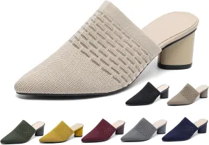 Women Knit Closed Pointed Toe Chunky Heel Mules Mesh Breathable Low Block Heel Pump Sandals Comfortable Slip On Dress Party Slides