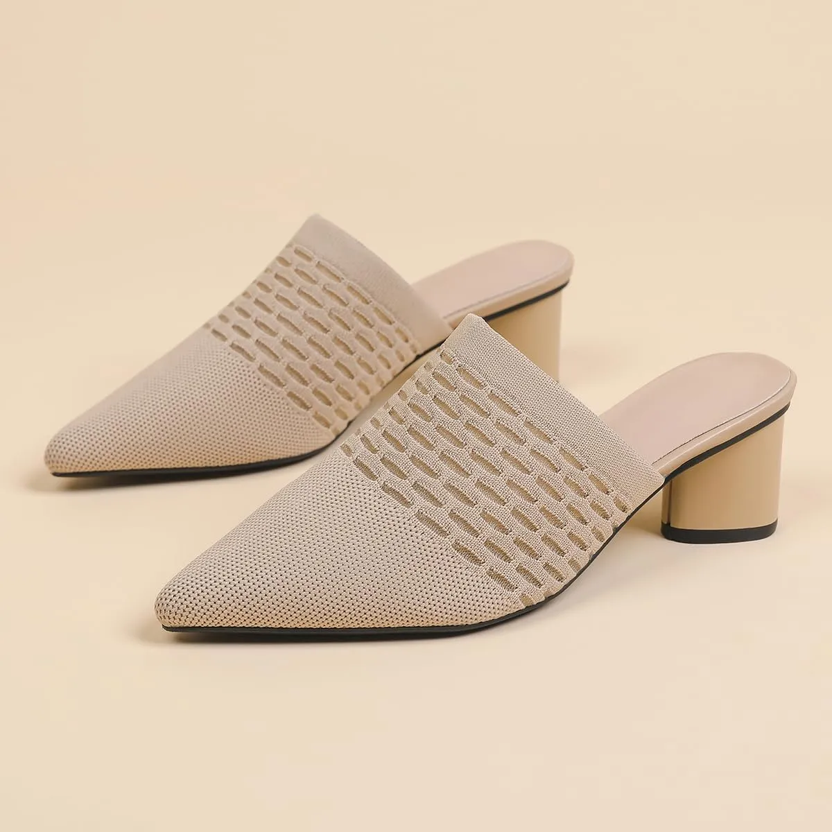 Women Knit Closed Pointed Toe Chunky Heel Mules Mesh Breathable Low Block Heel Pump Sandals Comfortable Slip On Dress Party Slides