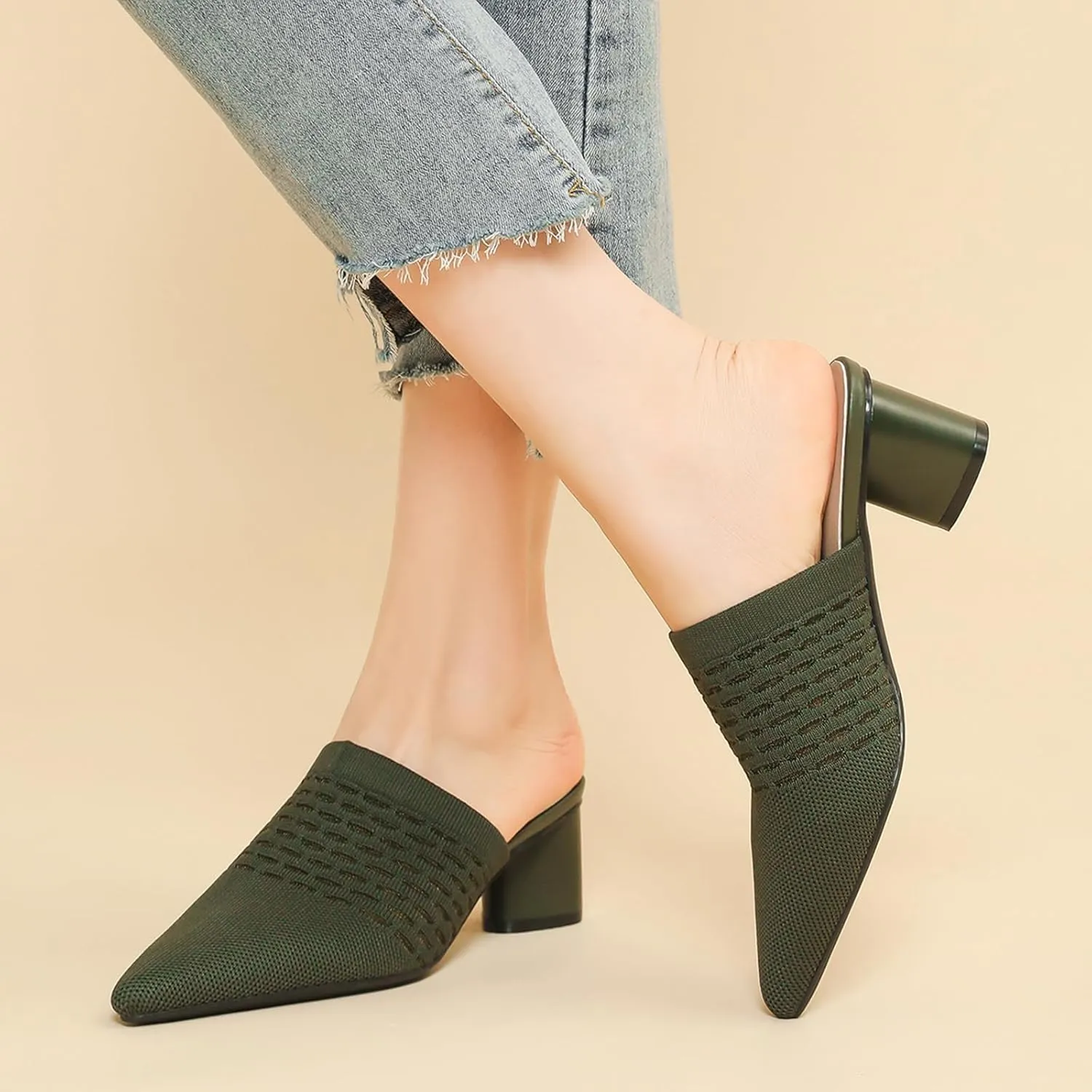 Women Knit Closed Pointed Toe Chunky Heel Mules Mesh Breathable Low Block Heel Pump Sandals Comfortable Slip On Dress Party Slides