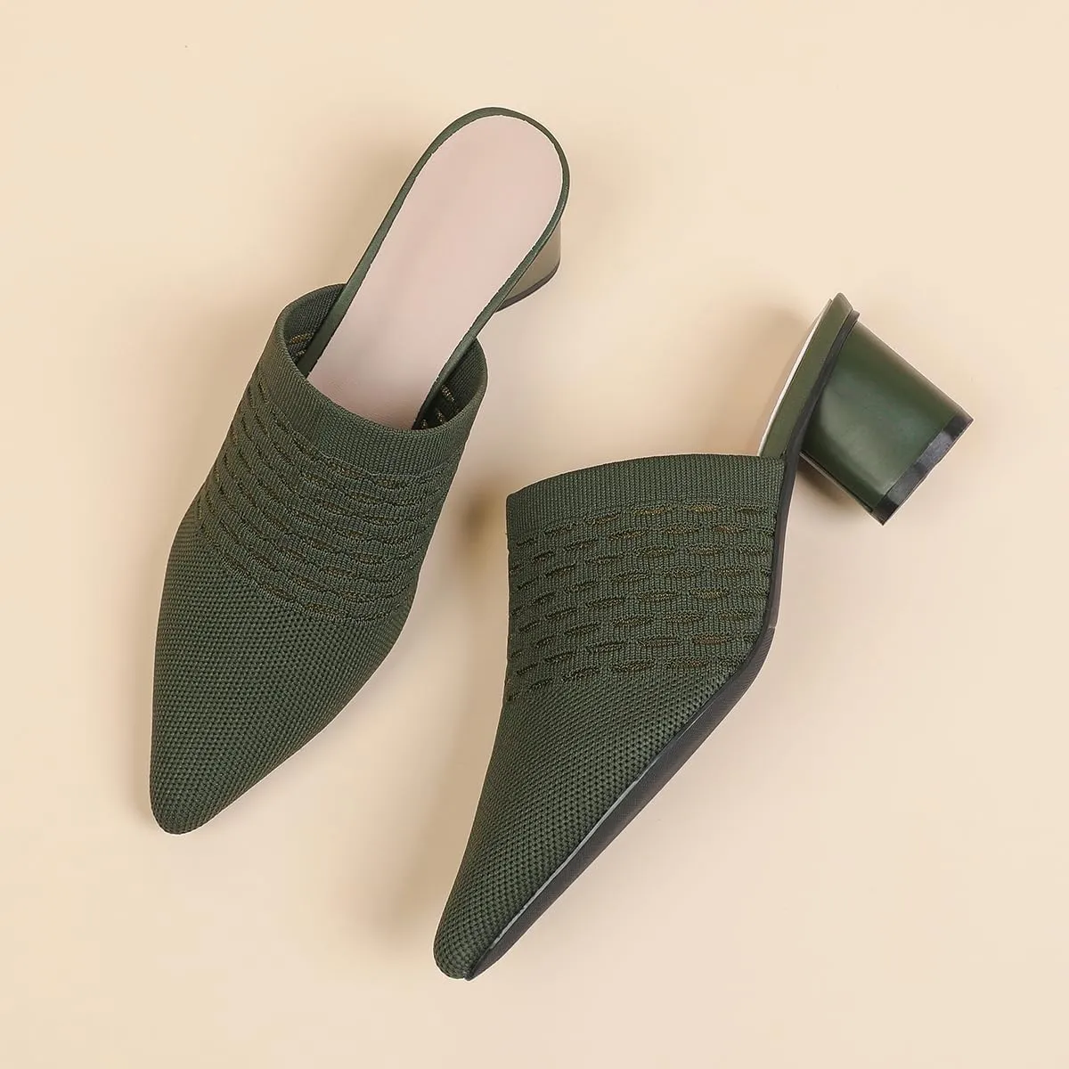 Women Knit Closed Pointed Toe Chunky Heel Mules Mesh Breathable Low Block Heel Pump Sandals Comfortable Slip On Dress Party Slides