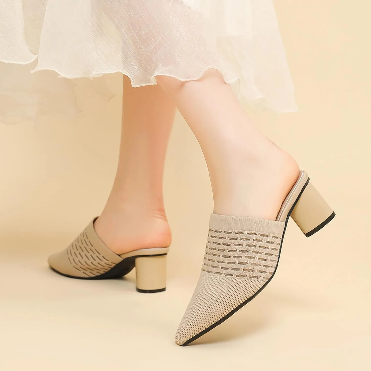 Women Knit Closed Pointed Toe Chunky Heel Mules Mesh Breathable Low Block Heel Pump Sandals Comfortable Slip On Dress Party Slides