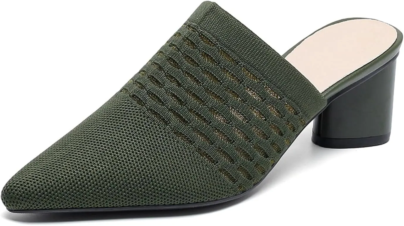 Women Knit Closed Pointed Toe Chunky Heel Mules Mesh Breathable Low Block Heel Pump Sandals Comfortable Slip On Dress Party Slides