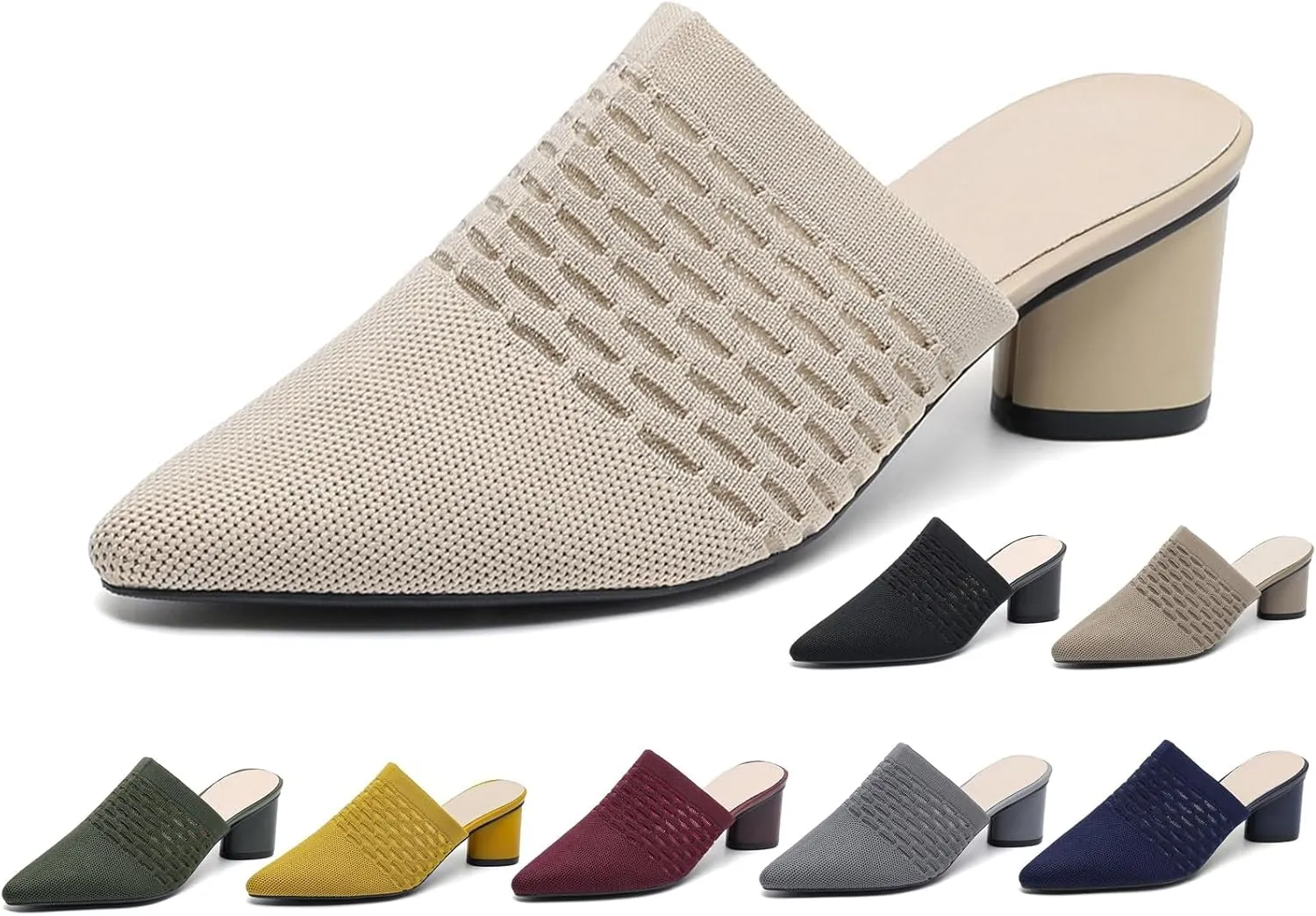Women Knit Closed Pointed Toe Chunky Heel Mules Mesh Breathable Low Block Heel Pump Sandals Comfortable Slip On Dress Party Slides