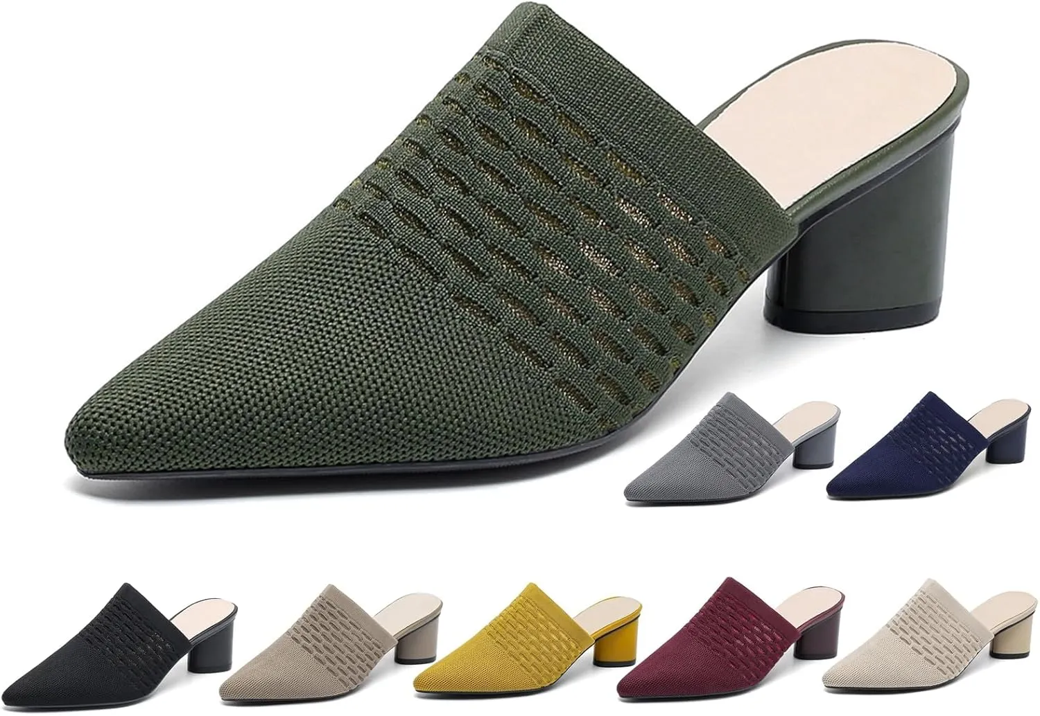 Women Knit Closed Pointed Toe Chunky Heel Mules Mesh Breathable Low Block Heel Pump Sandals Comfortable Slip On Dress Party Slides