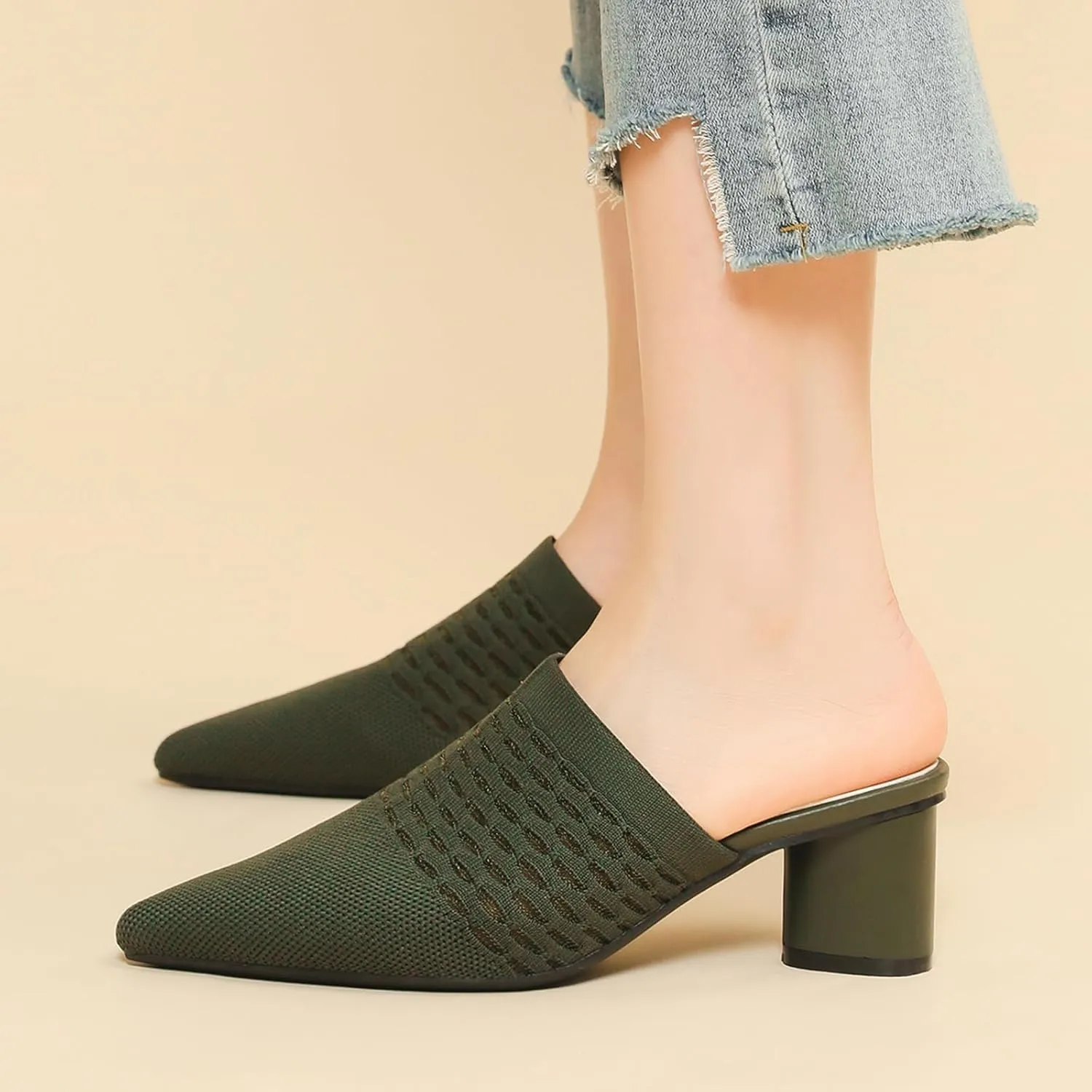 Women Knit Closed Pointed Toe Chunky Heel Mules Mesh Breathable Low Block Heel Pump Sandals Comfortable Slip On Dress Party Slides