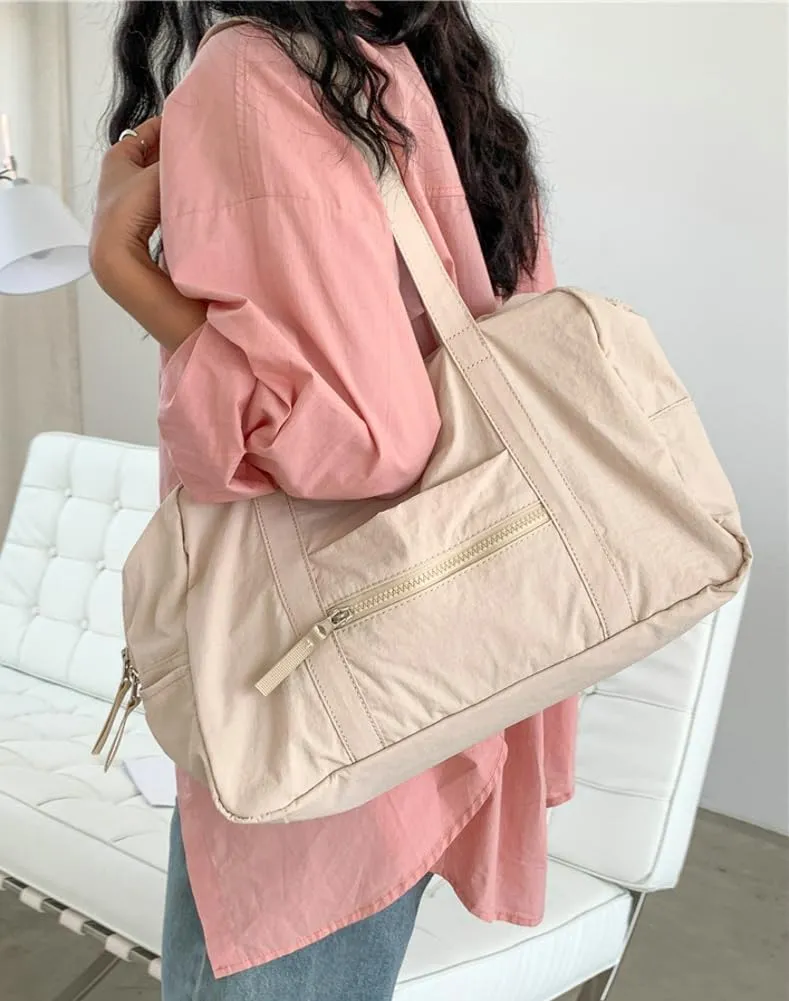 Women Large Capacity Shoulder Handbag Soft Nylon Hobo Bag Casual Solid Tote Purse Travel Commuting Gym