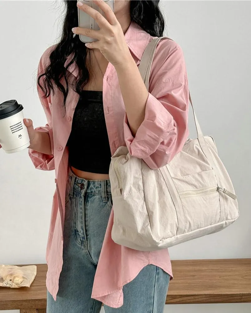 Women Large Capacity Shoulder Handbag Soft Nylon Hobo Bag Casual Solid Tote Purse Travel Commuting Gym