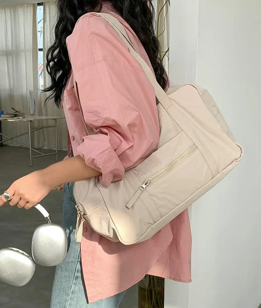 Women Large Capacity Shoulder Handbag Soft Nylon Hobo Bag Casual Solid Tote Purse Travel Commuting Gym