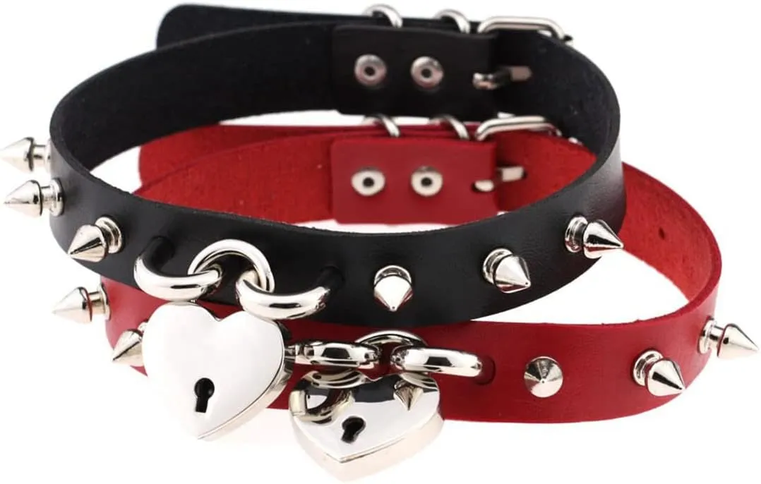 Women Punk Leather Choker Necklaces Gothic Rivet Rock Heart Lock Pendant Collar Necklaces Jewelry Gifts