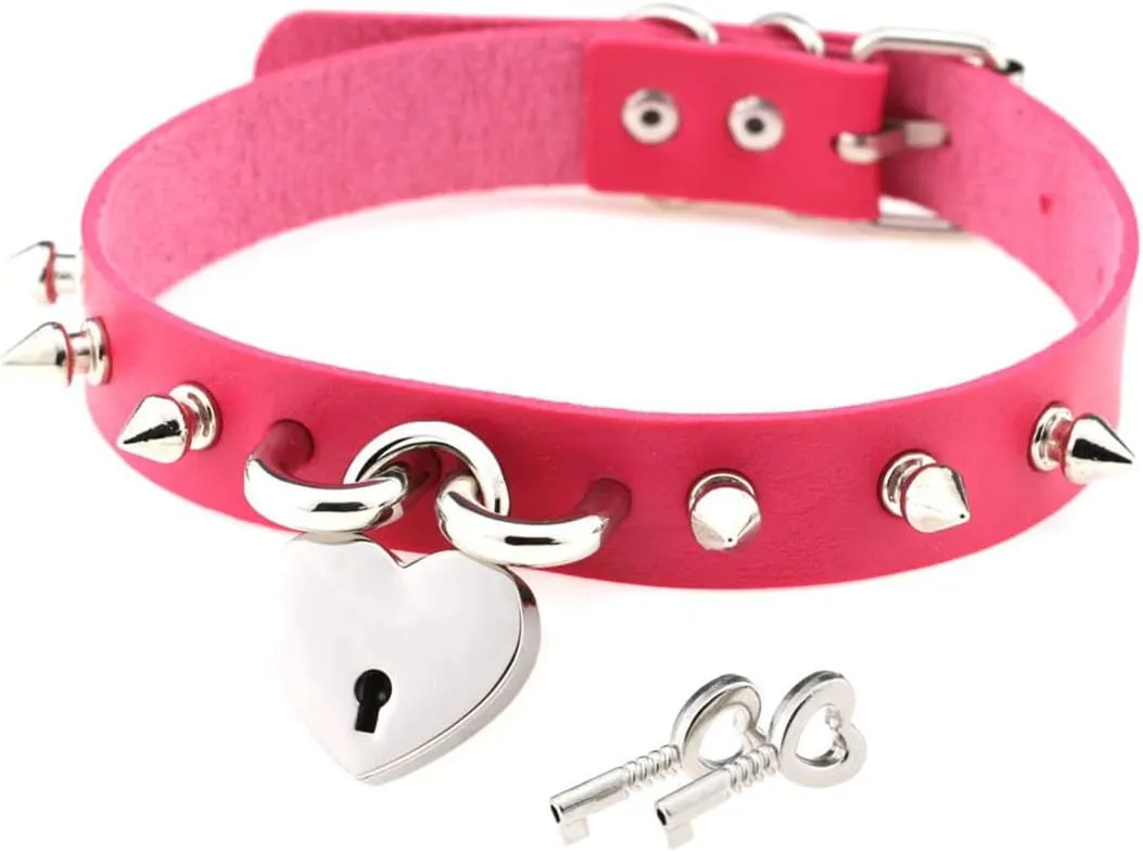 Women Punk Leather Choker Necklaces Gothic Rivet Rock Heart Lock Pendant Collar Necklaces Jewelry Gifts