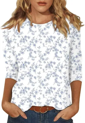 Womens 3/4 Sleeve Tops 2025 Spring Summer Print Round Neck Shirts Loose Fit Fashion Three Quarter Sleeve Tshirts