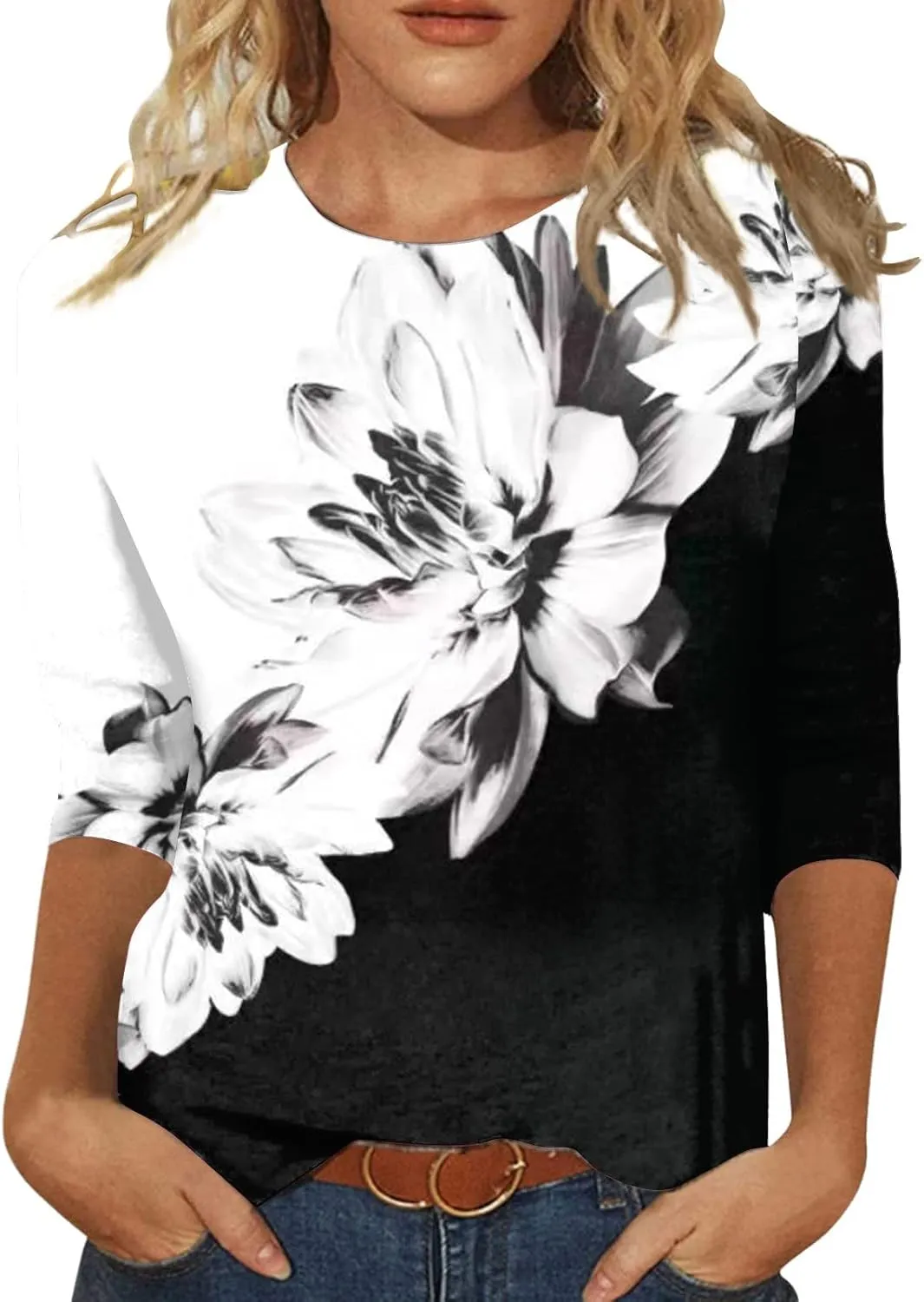 Womens 3/4 Sleeve Tops Womens Blouses Dressy Casual Loose Floral Print Pullover Tops Fall Fashion 2024
