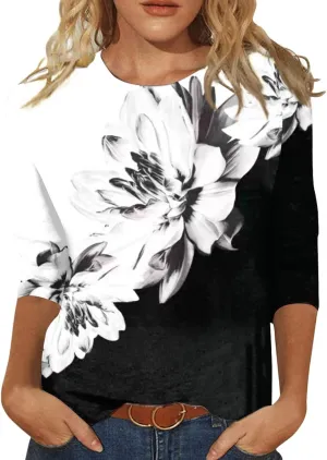 Womens 3/4 Sleeve Tops Womens Blouses Dressy Casual Loose Floral Print Pullover Tops Fall Fashion 2024