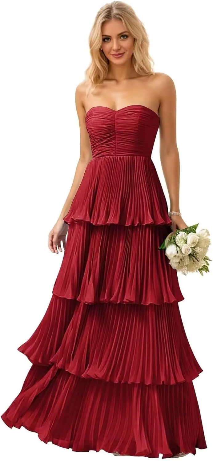 Womens A-line Sweetheart Ruffles Chiffon Formal Evening Dress Sleeveless Strapless Long Tiered Evening Party Gown