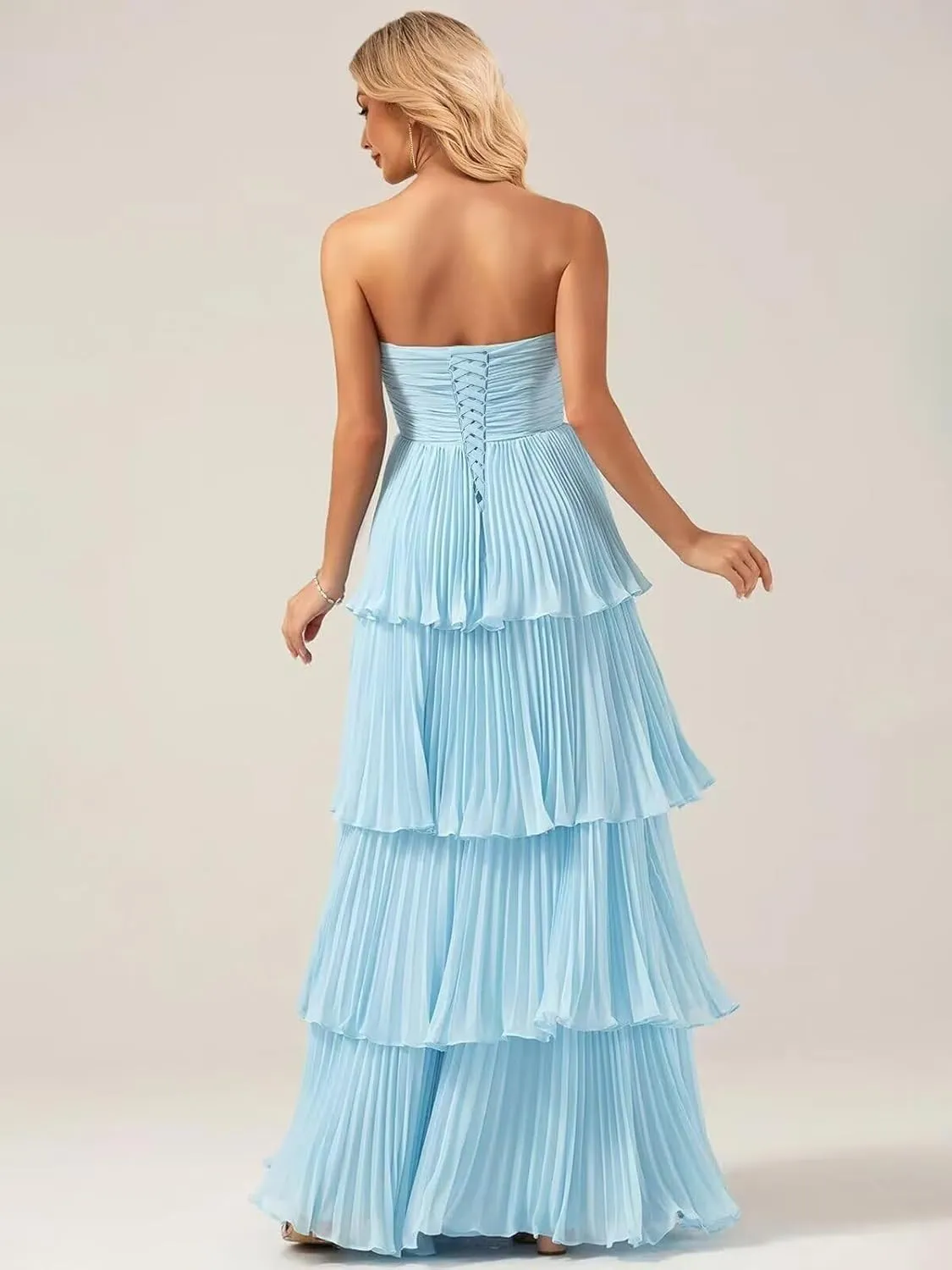Womens A-line Sweetheart Ruffles Chiffon Formal Evening Dress Sleeveless Strapless Long Tiered Evening Party Gown