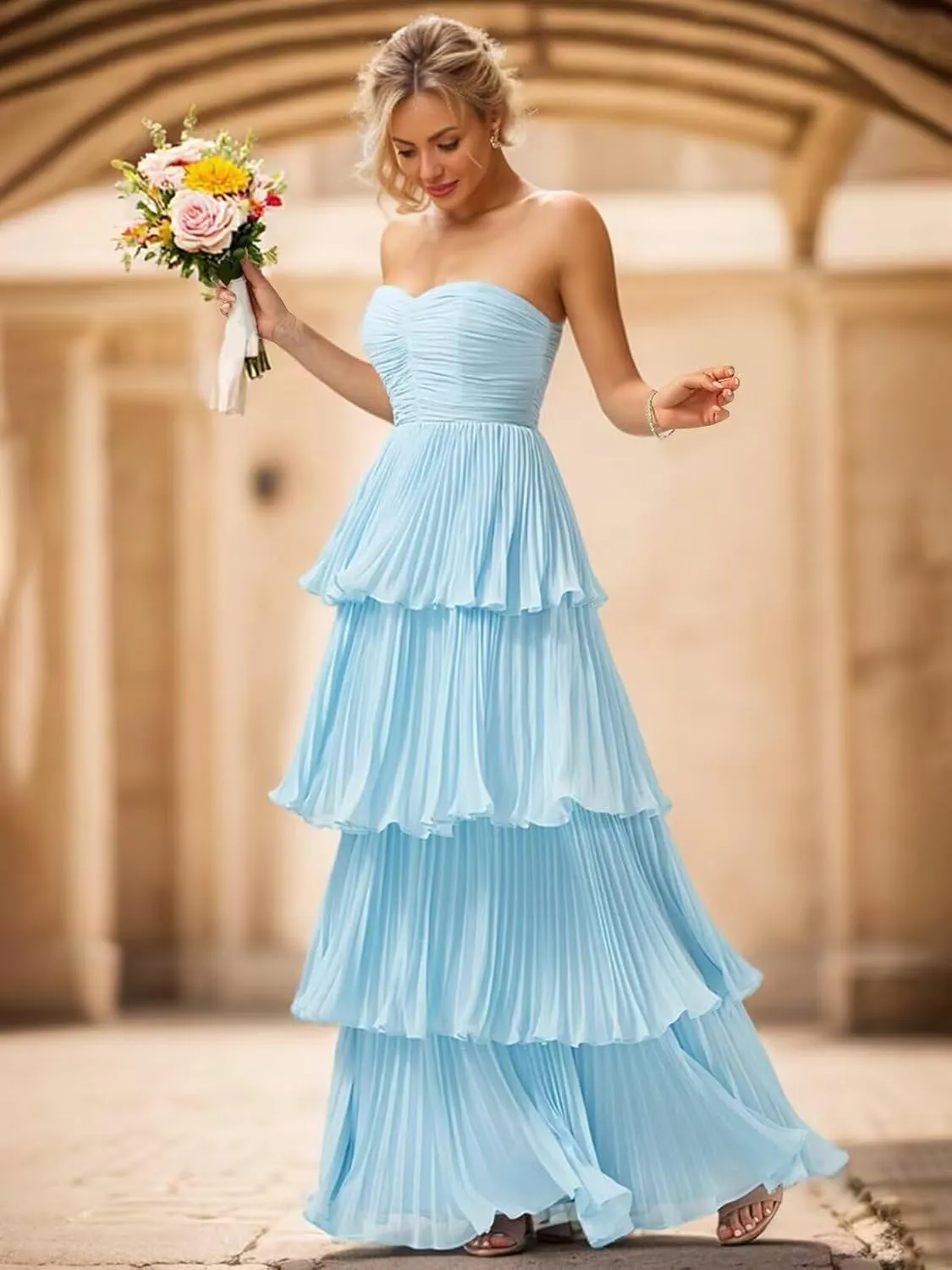 Womens A-line Sweetheart Ruffles Chiffon Formal Evening Dress Sleeveless Strapless Long Tiered Evening Party Gown