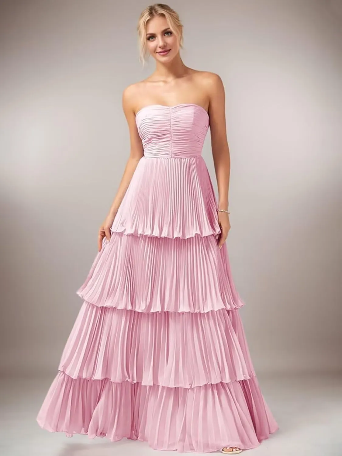 Womens A-line Sweetheart Ruffles Chiffon Formal Evening Dress Sleeveless Strapless Long Tiered Evening Party Gown