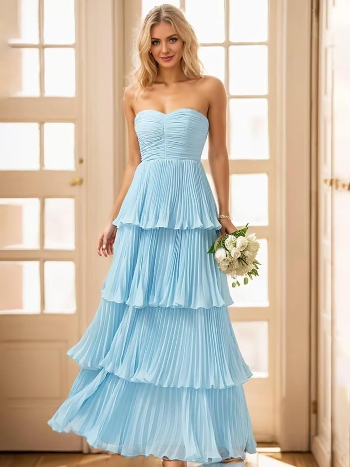 Womens A-line Sweetheart Ruffles Chiffon Formal Evening Dress Sleeveless Strapless Long Tiered Evening Party Gown