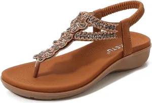 Women's Bohemian Rhinestone T-strap Flat Sandals Summer Comfortable Flipflops Embellished Beach Thong Sandal