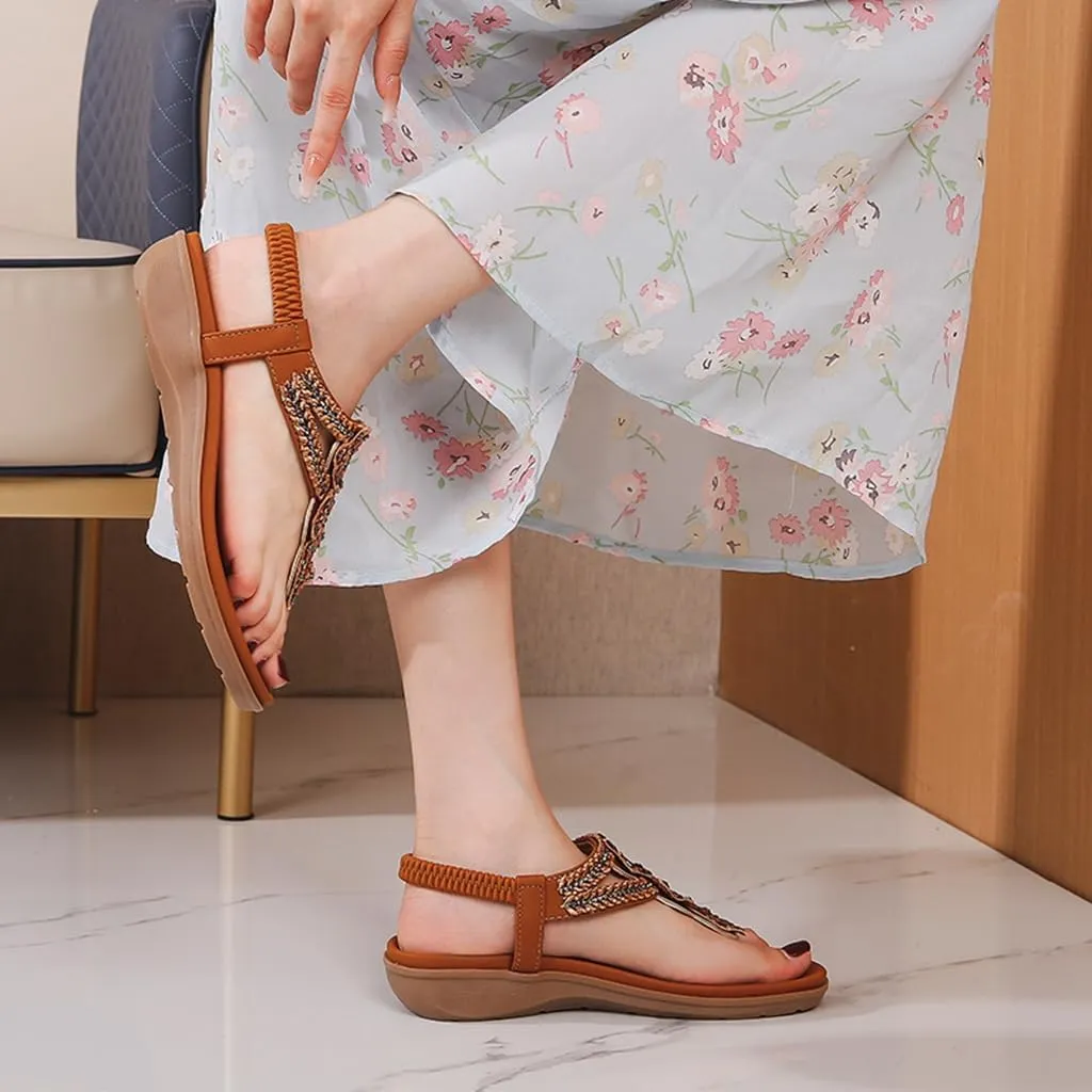 Women's Bohemian Rhinestone T-strap Flat Sandals Summer Comfortable Flipflops Embellished Beach Thong Sandal