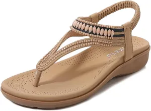 Women's Bohemian Rhinestone T-strap Flat Sandals Summer Comfortable Flipflops Embellished Beach Thong Sandal