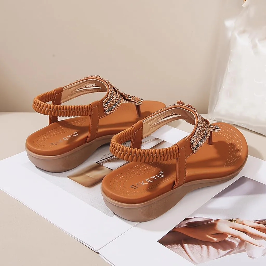 Women's Bohemian Rhinestone T-strap Flat Sandals Summer Comfortable Flipflops Embellished Beach Thong Sandal